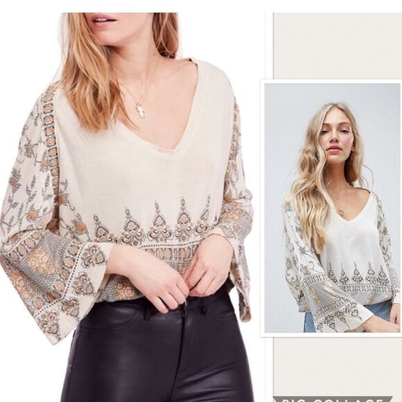 Free People Bell Sleeve Pullover Top Shirt  PInk Gold Women's Sz M India Motif - Picture 1 of 10